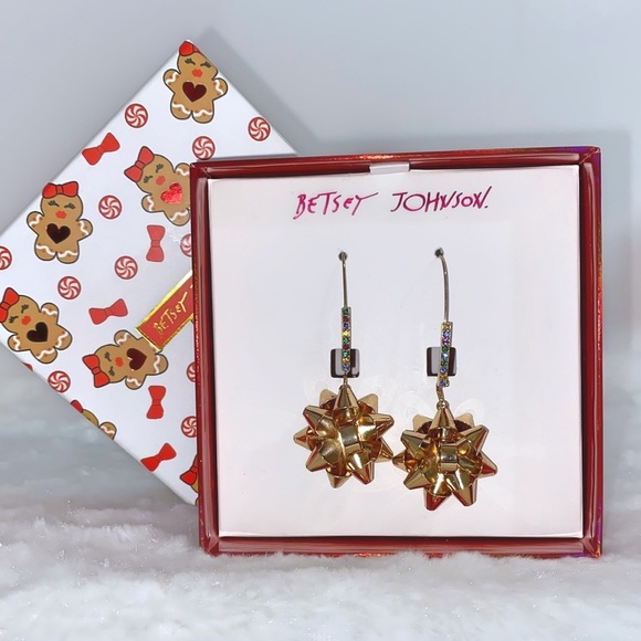 Betsey Johnson Gold Bow Earrings With Rainbow Colored Rhinestones NIB - Picture 3 of 4